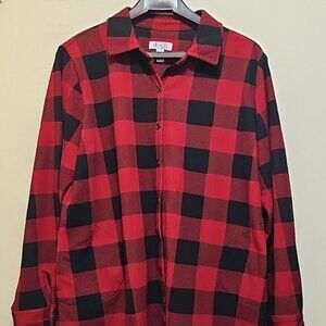 Denim & Co Black & Red Plaid Button-Up Top Size L Flannel Long Sleeves Shirt